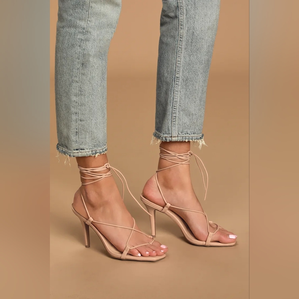 LULUS LYLLIAN Nude Square Toe Lace-up Heels NWOT